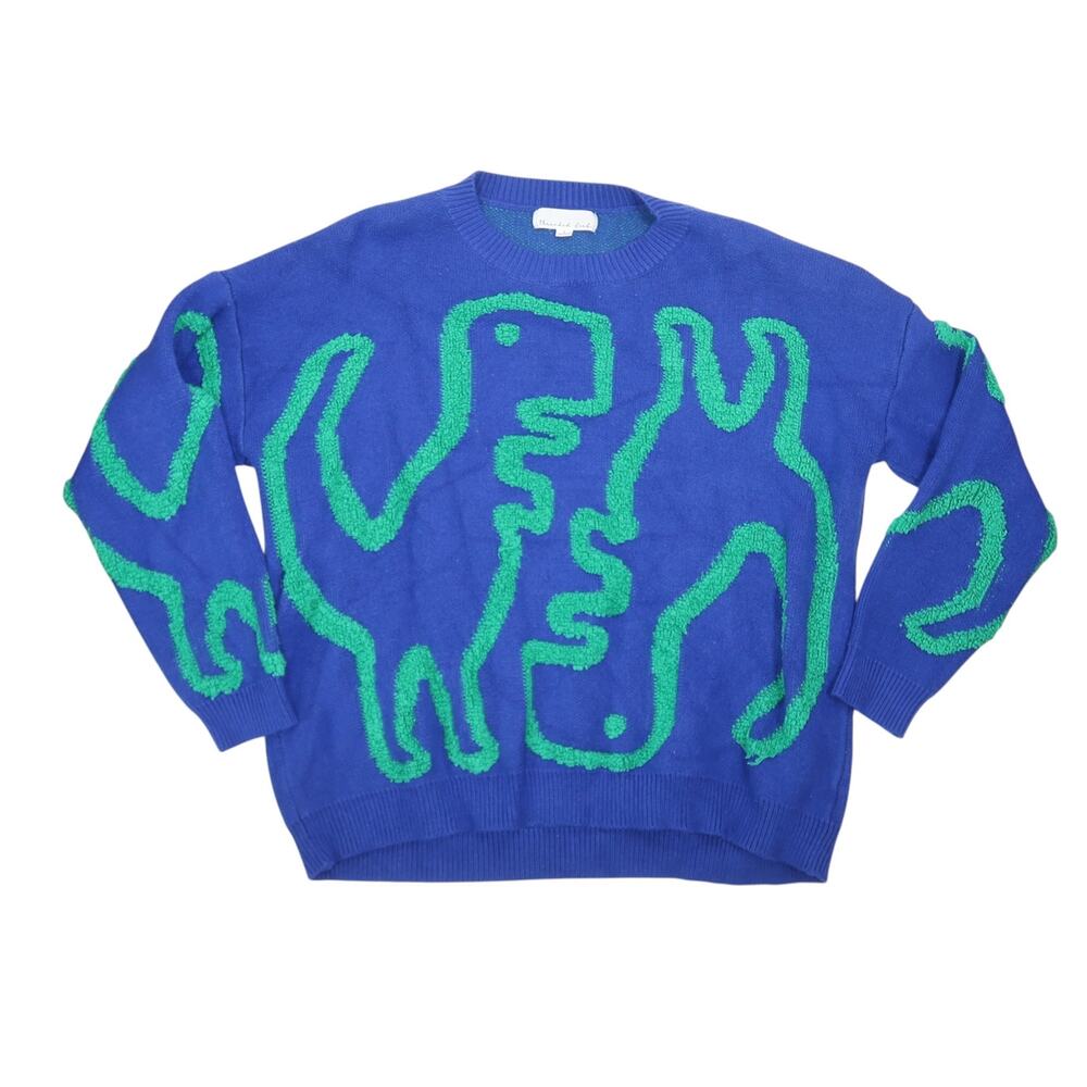 Threaded Leaf Dinosaur Sweater Blue and Green Large